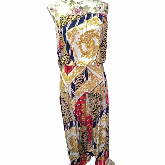Pants - Versace Style Print Jumpsuit Strapless Full Length